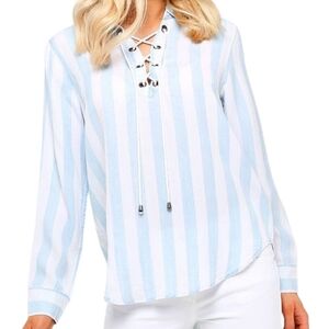 Rails Uli Lace up Top Blue White Block Stripe Long Sleeve Chic Coastal Top M